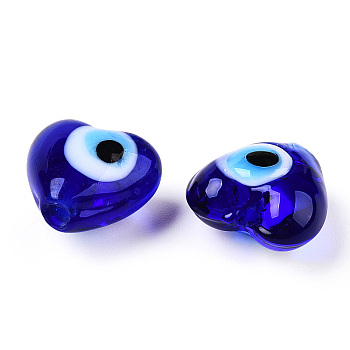 Handmade Lampwork Beads, Heart with Evil Eye, Dark Blue, 12x12x8mm, Hole: 1.5mm