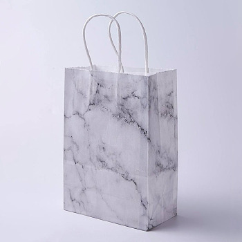 kraft Paper Bags, with Handles, Gift Bags, Shopping Bags, Rectangle, Marble Texture Pattern, White, 21x15x8cm