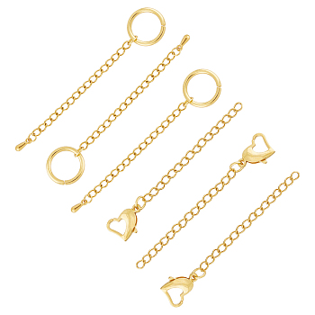 12 Strands 2 Style 304 Stainless Steel Curb Chain Extender, End Chains with Heart Lobster Claw Clasp & Open Jump Rings, Golden, 67~75x3mm, 6 Strands/style