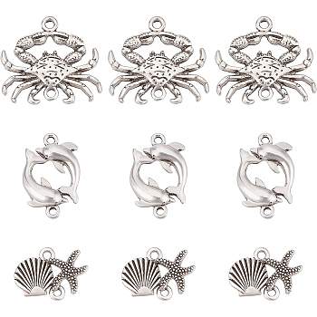 18Pcs 3 Styles Tibetan Style Alloy Connector Charms, Ocean Theme, Shell & Starfish, Crab, Dolphin , Antique Silver, 14~23x13.5~24.5x2.5~3mm, Hole: 1.5~1.8mm, 6pcs/style