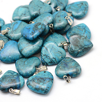 Dyed Heart Natural Gemstone Pendants, with Platinum Tone Brass Findings, 20~22x20~21x5~8mm, Hole: 2x7mm