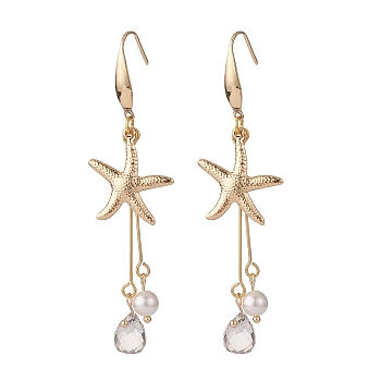 Starfish/Sea Stars 304 Stainless Steel Dangle Earring, Shell Pearl & Transparent Glass Beads Long Drop Earrings for Women, Golden, 75mm, Pin: 0.7mm