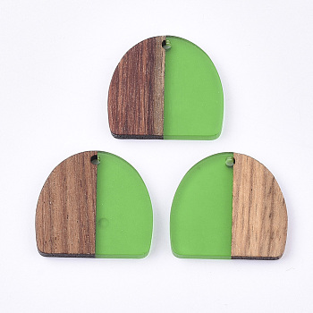 Resin & Walnut Wood Semi Circle Pendants, Half Round, Lime Green, 24x25.5x3mm, Hole: 1.8mm