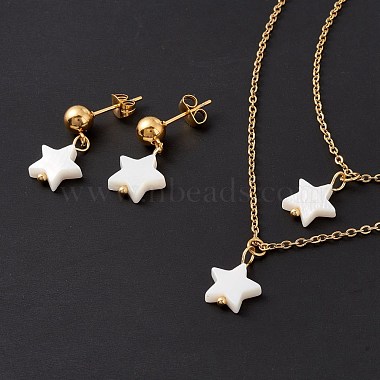 Synthetic Shell Star Pendant Double Layer Necklaces and Dangle Stud Earrings(SJEW-F217-01B-G)-5