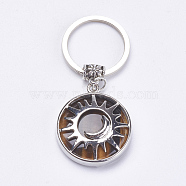 Natural Tiger Eye Keychain, with Brass Finding, Flat Round with Sun & Moon, 64mm(KEYC-G043-B01)