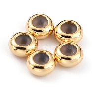 Brass Beads, with Rubber Inside, Slider Beads, Stopper Beads, Long-Lasting Plated, Rondelle, Real 24K Gold Plated, 6x3mm, Rubber Hole: 1.2mm(KK-O133-207B-G)