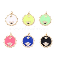 Brass Micro Pave Cubic Zirconia Pendants, Real 18K Gold Plated, Long-Lasting Plated, with Enamel, Flat Round with Eye and Star, Mixed Color, 26.5x24x3mm, Hole: 3.4mm(KK-P201-11G)