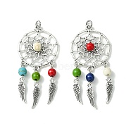 Synthetic Turquoise Dyed Big Pendants, Antique Silver Plated Alloy Woven Web/Net Charms, Mixed Color, Wing, 61.5x28x6.5~7mm, Hole: 3.5mm(PALLOY-JF02309-01)