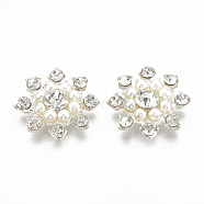 Alloy Flat Back Cabochons, with Rhinestone and ABS Plastic Imitation Pearl, Flower, Crystal, Silver Color Plated, 23x23x6mm(RB-S048-28S)