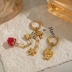 304 Stainless Steel Resin Flower & Grape Hoop Earrings, Ion Plating(IP), Cadmium Free & Nickel Free & Lead Free, Left and Right, Real 18K Gold Plated, 40.5~88.5x11.5~13.5mm(EJEW-G451-05G)