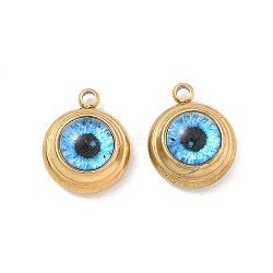 Printed 304 Stainless Steel & Glass Pendnats, Flat Round & Eye Charms, Ion Plating(IP), Long-Lasting Plated, Real 18K Gold Plated, 12.5x10x6mm, Hole: 1.4mm(STAS-Q119-21G-01)