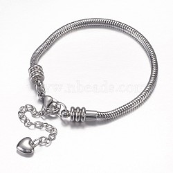 304 Stainless Steel European Snake Chains Bracelets, with Lobster Claw Clasp and Heart Charms, Stainless Steel Color, 190x3mm(X-STAS-J015-04)