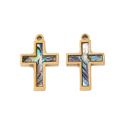 Ion Plating(IP) 304 Stainless Steel Pendants, Natural Paua Shell Cross Charms, Real 18K Gold Plated, 16.9x11.5x1.8mm, Hole: 1.4mm(STAS-S136-02G-02)