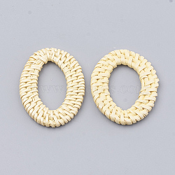 Handmade Spray Painted Reed Cane/Rattan Woven Linking Rings, For Making Straw Earrings and Necklaces,  Dyed, Pearlized Effect, Oval, Lemon Chiffon, 46~54x32~40x4~5mm, inner measure: 28~37x16~19.5mm(X-WOVE-N007-04F)