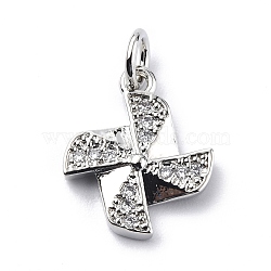 Brass Micro Pave Cubic Zirconia Charms, with Jump Ring, Windmill/Pinwheel Charms, Platinum, 14x12x2mm, Hole: 3.2mm(ZIRC-F131-05P)