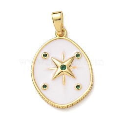 Brass Micro Pave Cubic Zirconia Pendants, with Enamel, Oval with Star Charms, Golden, White, 21.5x15.5x2.5mm, Hole: 4.5x2.5mm(KK-E803-01G-B)