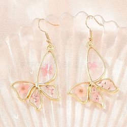 Alloy & Dried Flower Dangle Earrings, with Dipping Glue, Butterfly Shape, Golden, 62.5x34.5mm(AL-Z001-02G-02)