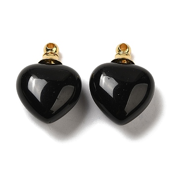 Natural Obsidian Perfume Bottle Pendants, Heart Charms with Golden Plated 304 Stainless Steel Findings, 28x20x12mm, Hole: 2mm