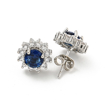 Flower Brass Micro Pave Clear Cubic Zirconia Stud Earrings, with Capri Blue Rhinestone for Women, Platinum, 11mm