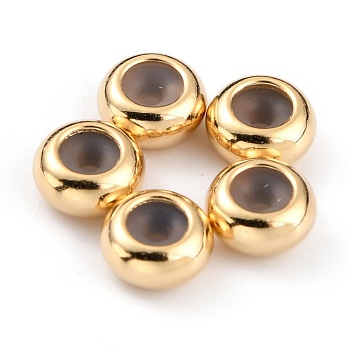 Brass Beads, with Rubber Inside, Slider Beads, Stopper Beads, Long-Lasting Plated, Rondelle, Real 24K Gold Plated, 6x3mm, Rubber Hole: 1.2mm