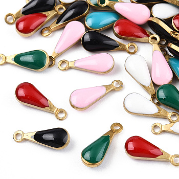 Antique Golden Plated Brass Enamel Teardrop Charms, Enamelled Sequins, Mixed Color, 11x4x3mm, Hole: 1mm
