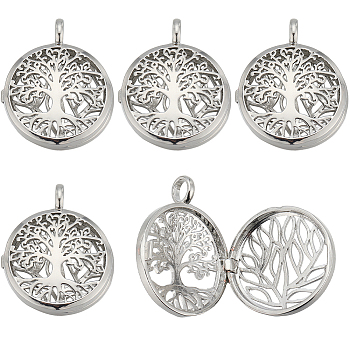10Pcs Hollow Brass Cage Pendants, Flat Round with Tree of Life, Platinum, 31x26x7.5mm, Hole: 4mm, Inner Measure: 22.5mm