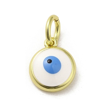 Brass Enamel Charms, with Jump Ring, Real 18K Gold Plated, Flat Round with Evil Eye Charm, White, 11x9x3.5mm, Hole: 3.6mm