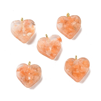 Transparent Resin Natural Orange Quartz Dyed Chips Pendants, with Golden Tone Brass Loops, Heart Charm, Orange, 16.5x15.5x6~6.5mm, Hole: 2mm