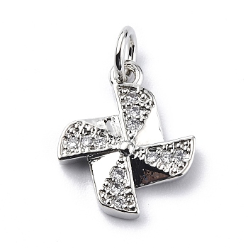 Brass Micro Pave Cubic Zirconia Charms, with Jump Ring, Windmill/Pinwheel Charms, Platinum, 14x12x2mm, Hole: 3.2mm