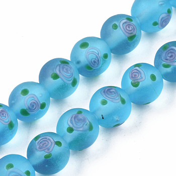 Handmade Frosted Lampwork Beads Strands, Round with Flower, Deep Sky Blue, 11~12mm, Hole: 1.4mm, about 45pcs/strand, 19.69 inch(50cm)