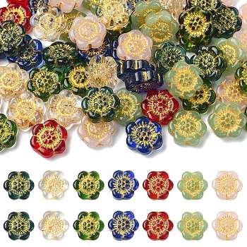 70Pcs 7 Colors Transparent Glass Beads, Golden Metal Enlaced, Flower, Mixed Color, 12mm, 10pcs/color,