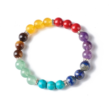 7 Chakra Reiki Yoga Bracelet for Girl Women, Mixed Stone Round Beads Stretch Bracelet, Inner Diameter: 2-3/4 inch(6.85cm)