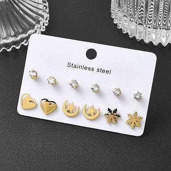 304 Stainless Steel Micro Pave Cubic Zirconia Stud Earrings Kits For Women, Mixed Shape, Golden, 8.5~9.5x8~9.5mm