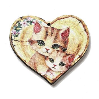 Mother's Day Theme Wooden Pendants, Cat Shape, 39.5x43x2.5mm, Hole: 1.6mm