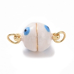 Brass Magnetic Clasps, Cadmium Free & Nickel Free & Lead Free, with Enamel, Round with Evil Eye, Real 18K Gold Plated, Floral White, 16x10mm, Hole: 3mm(ZIRC-F136-10G-09)