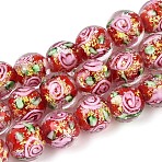 Handmade Foil Glass Beads Strands, Round, with Inner Flower, Crimson, 9.5~10.5mm, Hole: 1.2~1.6mm, about 38~40pcs/strand, 13.98~14.76 inch(35.5~37.5cm)(FOIL-N033-04E)