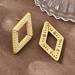Brass Micro Pave Cubic Zirconia Stud Earrings, Rhombus, Real 18K Gold Plated, 28x16.5mm(KK-Z166-05G)