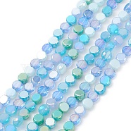 Gradient Color Electroplate Glass Bead Strands, AB Color Plated, Faceted, Flat Round, Deep Sky Blue, 5.3~6x3mm, Hole: 1.2mm, about 98~99pcs/strand, 20.83~20.98 inch(52.9~53.3cm)(GLAA-E042-03C)