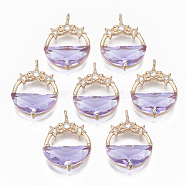 Glass Pendants, with Brass Micro Pave Cubic Zirconia Findings, Faceted, Flat Round with Star, Light Gold, Lilac, 21.5x15.5x5.5mm, Hole: 1.2mm(X-GLAA-T021-01B)