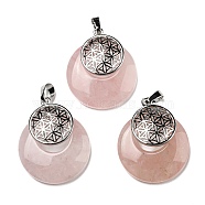 Natural Rose Quartz Pendants, Spiritual Charms, with Platinum Tone Brass Findings, Flat Round with Flower of Life/Sacred Geometry, 32~32.5x28~30x7~7.5mm, Hole: 5x8mm(KK-F751-M-A14)