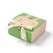 Cartoon Cardboard Paper Gift Box, with Ramdom Color Ribbon, Rectangle, Yellow Green, Rabbit Pattern, Fold: 12.9x11.5x5.1cm(CON-G016-01B)
