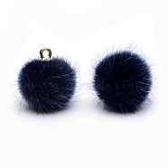 Handmade Faux Mink Fur Covered Pendants, with Alloy Findings, Round, Golden, Prussian Blue, 16~17x13.5~14mm, Hole: 1.5mm(X-WOVE-S108-03C)