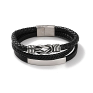 Men's Braided Black PU Leather Cord Multi-Strand Bracelets, Knot 304 Stainless Steel Link Bracelets with Magnetic Clasps, Antique Silver, 8-5/8 inch(21.8cm)(BJEW-K243-37AS)