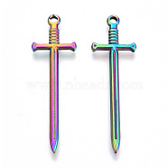304 Stainless Steel Pendants, Sword Charm, Rainbow Color, 45x13.5x2mm, Hole: 1.8mm(STAS-N098-135M)