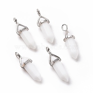 Bullet Glass Pointed Pendants, with Platinum Tone Brass Findings, Lead free and Cadmium Free, White, 28~29.5x9~9.5x8mm, Hole: 4.5x3mm(GLAA-K058-02P-07)