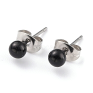 Acrylic Imitation Pearl Ball Stud Earrings, with 304 Stainless Steel Ear Nuts, Round, Black, 15x4mm, Pin: 0.7mm(STAS-Z035-05B-02)