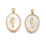 Brass Pendants, with Shell, Real 18K Gold Plated, Oval with Flower, Creamy White, 20x12x2mm, Hole: 1.8mm(KK-N231-298)