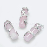 Natural Rose Quartz Pendants, with Brass Findings, Column with Dragon, Platinum, 40.5~41.5x14x15mm, Hole: 3.5x5mm(G-O163-E12)
