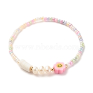 Beaded Stretch Bracelets, Polymer Clay Flower Beads, Natural Cultured Freshwater Pearl Beads, Glass Seed Beads, Pink, 1/8 inch(0.3cm), Inner Diameter: 2-1/4 inch(5.7cm)(BJEW-JB07521-02)