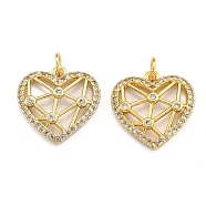 Brass Micro Pave Clear Cubic Zirconia Pendants, Real 18K Gold Plated, Long-Lasting Plated, Heart, Clear, 17.5x17.5x3mm, Hole: 3.5mm, jump ring: 5x0.7mm(ZIRC-J025-61G-01)